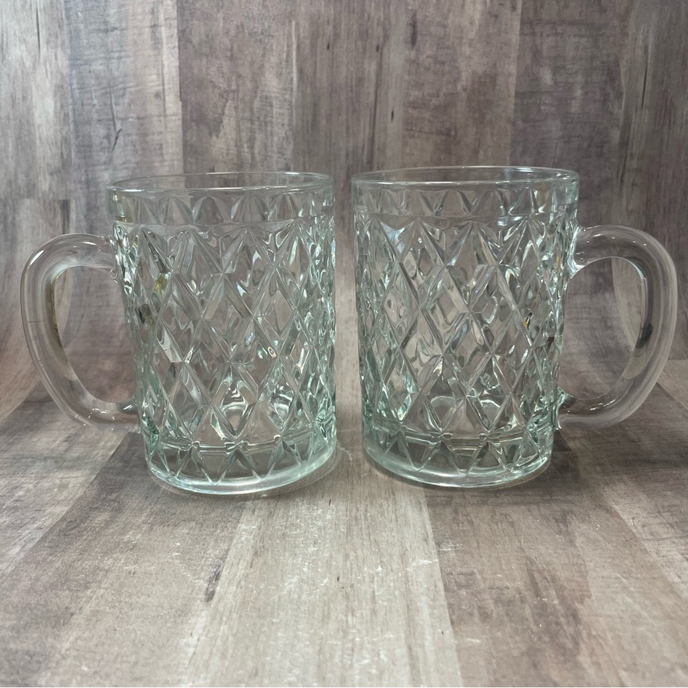 Vintage Set Of 2 Paul Sebastian Fine Crystal Diamond Cut Clear Glass Coffee Mugs